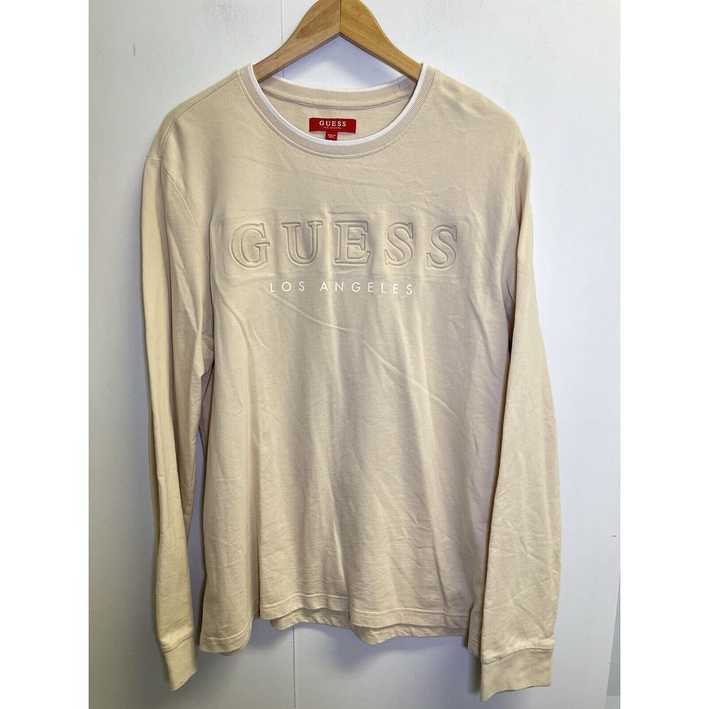GUESS Los Angeles Size L Beige Pullover Sweater Embossed Big Logo Long Sleeve